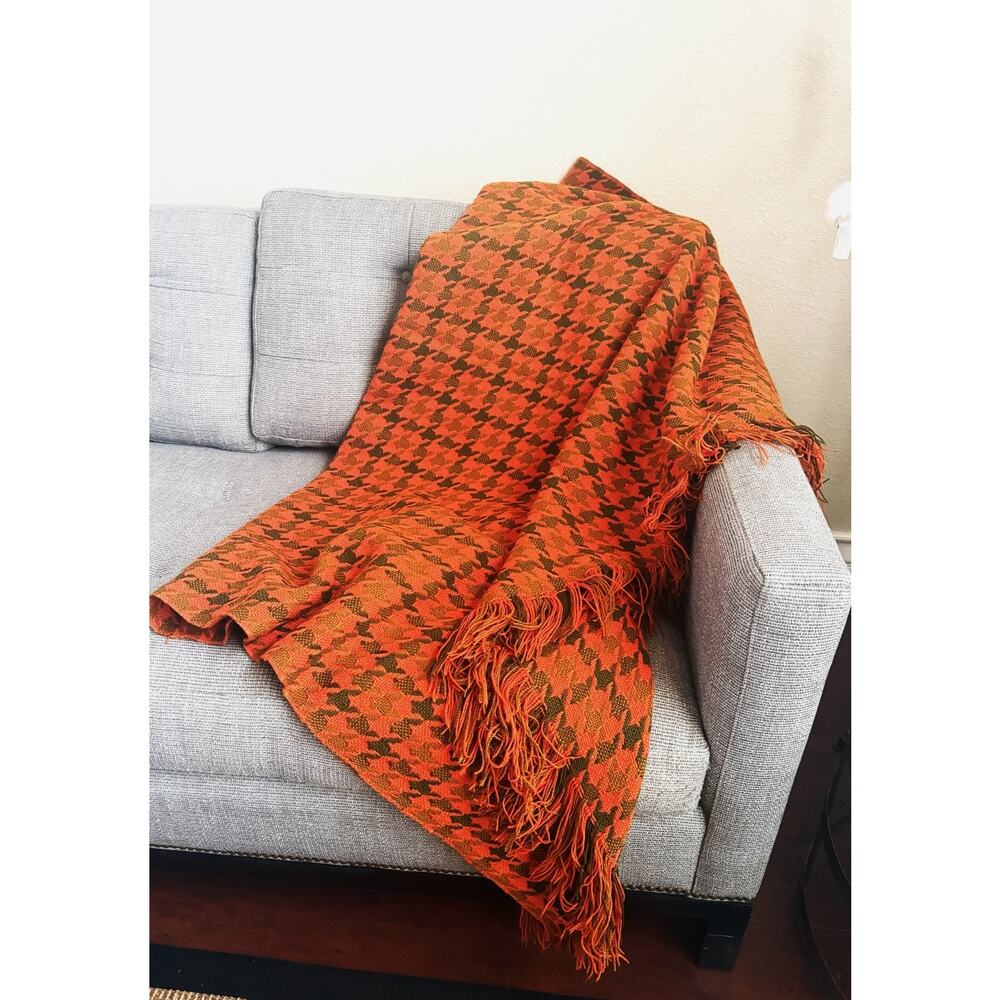 Vintage Pendleton 100% Virgin Wool Blanket Orange Brown Houndstooth Fringe 54x72
